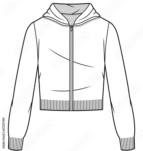 womens long sleeve cropped zip up hoodie jacket flat sketch vector illustration technical cad drawing template