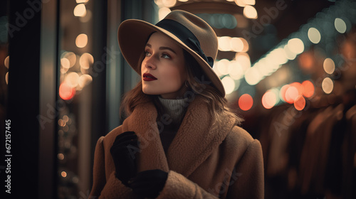 Woman wearing a coat in winter in a shopping street for christmas shopping, at night in the dark with unsharp streetlights