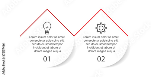 Infografis 2 langkah, desain infografis simpel terdiri dari dua bagian yang saling berkaitan, desain lingkaran dipadu garis, ikon dan warna, bagus untuk presentasi bisnis Anda