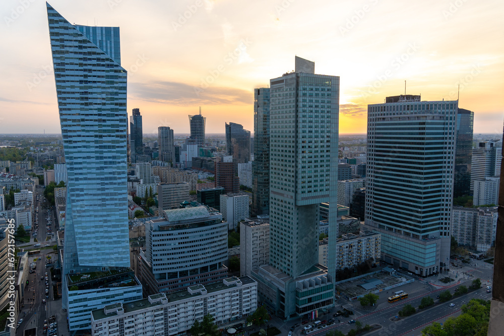 Panoramic view of modern skyscrapers and business centers in Warsaw. View of the city center from above. Warsaw, Poland.