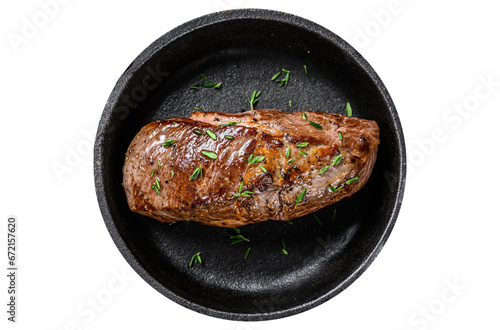 Fried lamb leg meat steak  in a pan.  Transparent background. Isolated