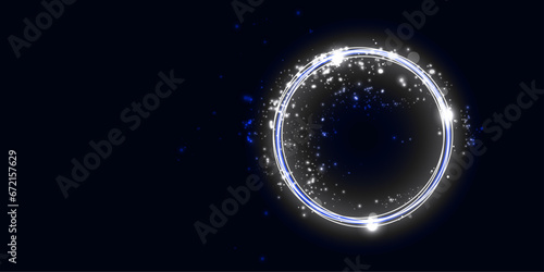 3d render, blue neon round frame on black background, circle, ring shape, empty space, ultraviolet light, 80's retro style, fashion show stage, abstract background