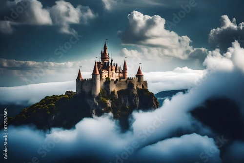 A Majestic and Ethereal Ultra High-Quality Photo of a Dreamlike Fortress Aloft in the Heavens.