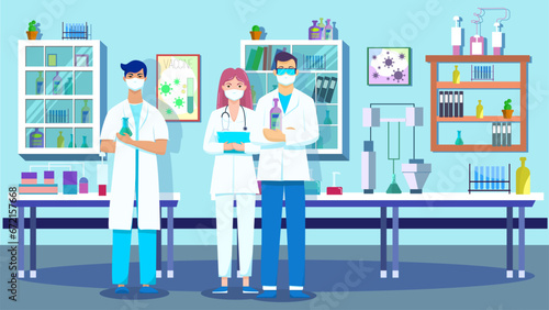 Laboratory Assistant. Scientists Young Doctors conducting research in a lab, interior of science laboratory. Vaccine Development. Vector flat Illustration. Background for presentation or website.