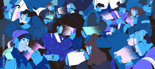 Crowd on mobile phones. Sad, shocked people reading bad news. Many persons scrolling social media, surfing internet in smartphones. Cellphones addiction problems. Monochrome flat vector illustration