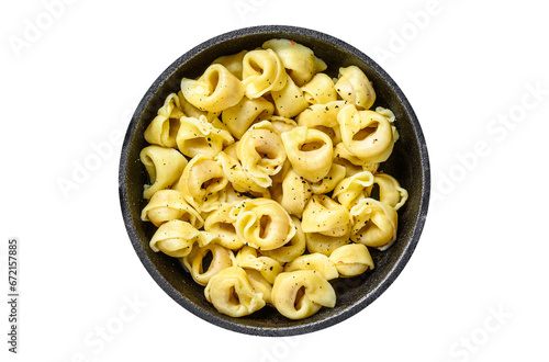 Italian tortellini pasta with cheese sauce in a pan. Transparent background. Isolated