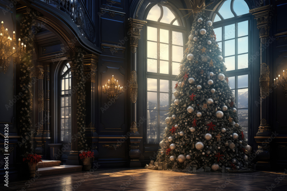 Decorated Christmas tree in the house with boxes of gifts under it. Christmas atmosphere until New Year Decorated Christmas tree in the house with boxes of gifts under it. Christmas atmosphere until New Year