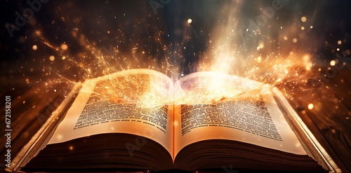 Burning with fire and smoke Holy Bible Gold Ancient Book banner, illuminated message Ai.