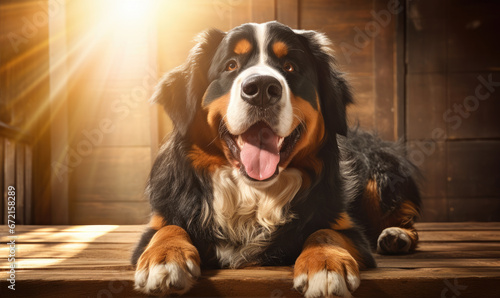 Happy Bernese Mountain dog lies on the wooden porch