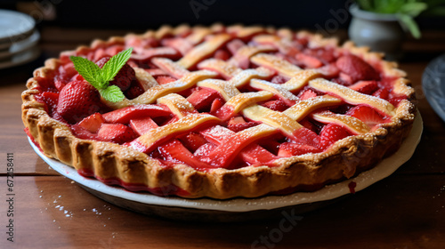 Strawberry and rhubarb tart with a lattice topping.