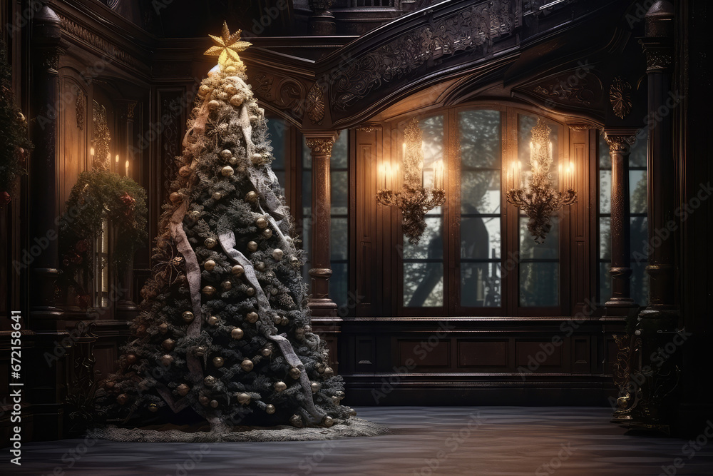 Decorated Christmas tree in the house with boxes of gifts under it. Christmas atmosphere until New Year Decorated Christmas tree in the house with boxes of gifts under it. Christmas atmosphere until New Year