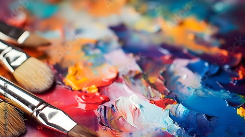 a group of brushes with paint on the background of a multicolored spectrum canvas, the idea of creativity banner