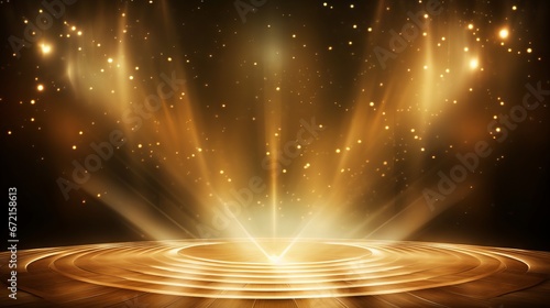 Golden stage background with glitters and spotlights for glamorous events and celebrations photo