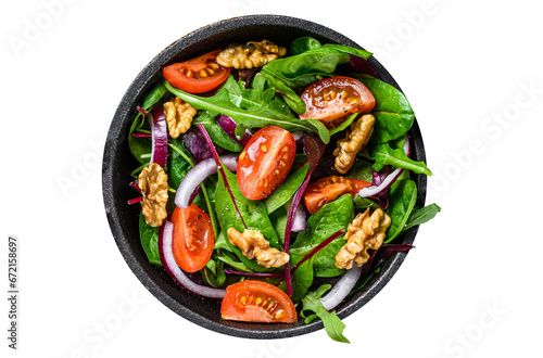 Healthy bistro green salad with mix leaves mangold, swiss chard, spinach, arugula and nuts in a pan. Transparent background. Isolated