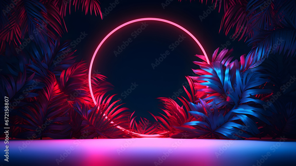 blue and red circular neon light with tropical leaves.