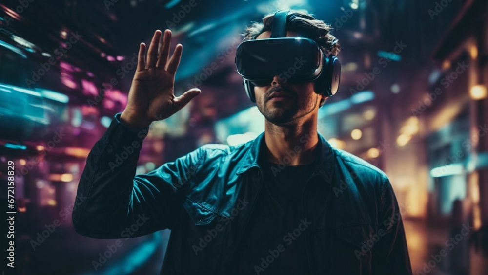 Jugador joven experimenta con gafas de realidad aumentada en consola virtual futurista Jugador joven experimenta con gafas de realidad aumentada en consola virtual futurista
