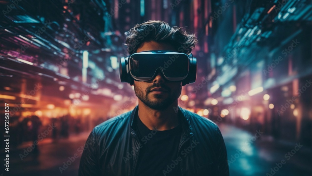 Jugador joven experimenta con gafas de realidad aumentada en consola virtual futurista - obrazy, fototapety, plakaty 