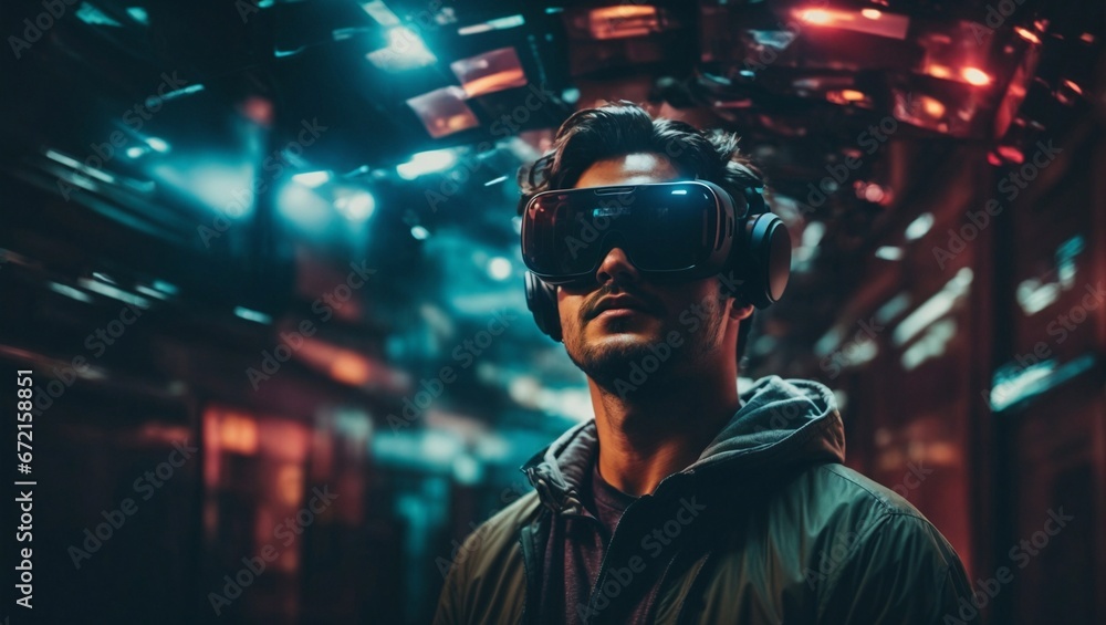 Jugador joven experimenta con gafas de realidad aumentada en consola virtual futurista Jugador joven experimenta con gafas de realidad aumentada en consola virtual futurista