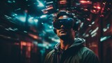 Jugador joven experimenta con gafas de realidad aumentada en consola virtual futurista