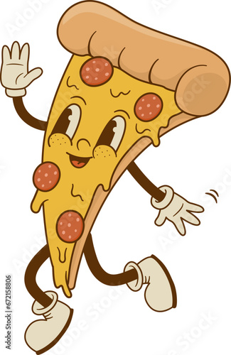 Retro cartoon pizza character in groove style. Pizzeria mascot for cafe, restaurant. Vector illustration. Nostalgia 60s, 70s, 80s