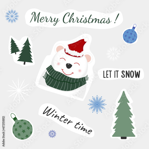 Collection of Christmas stickers, vector design. Cute cartoon christmas new year stickers.
