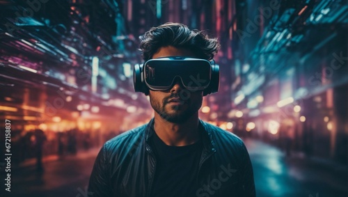 Jugador joven experimenta con gafas de realidad aumentada en consola virtual futurista photo
