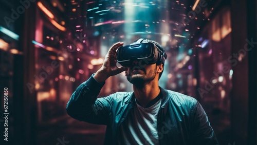 Jugador joven experimenta con gafas de realidad aumentada en consola virtual futurista