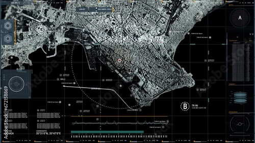 Peninsular City Location Scan Via High Tech Surveillance Artificial Intelligence System. Target Position In A Big City Map Tracked By An Intelligence System. City Radar Scan By An Intelligence System. photo