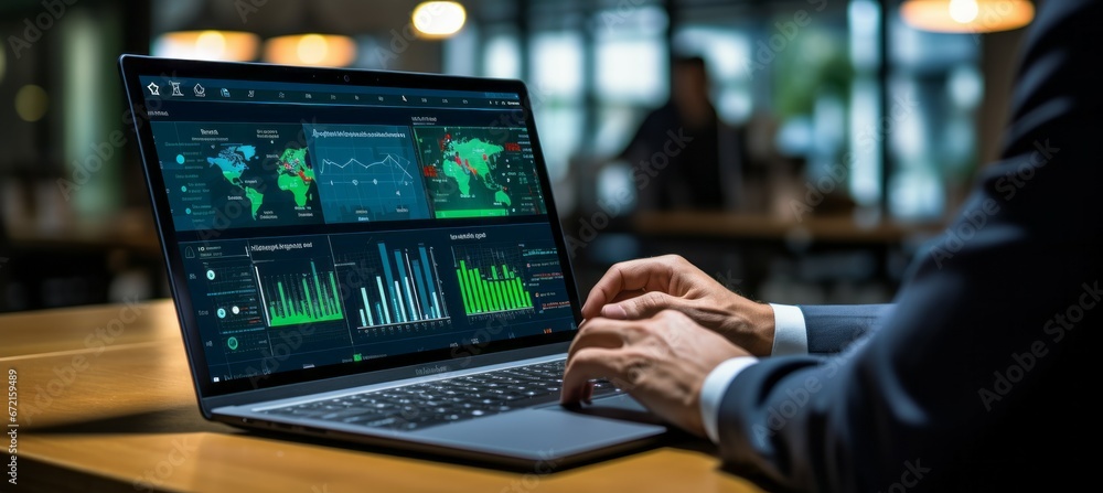 Businessman typing on laptop with financial information. Generative AI technology.
Businessman typing on laptop with financial information. Generative AI technology.