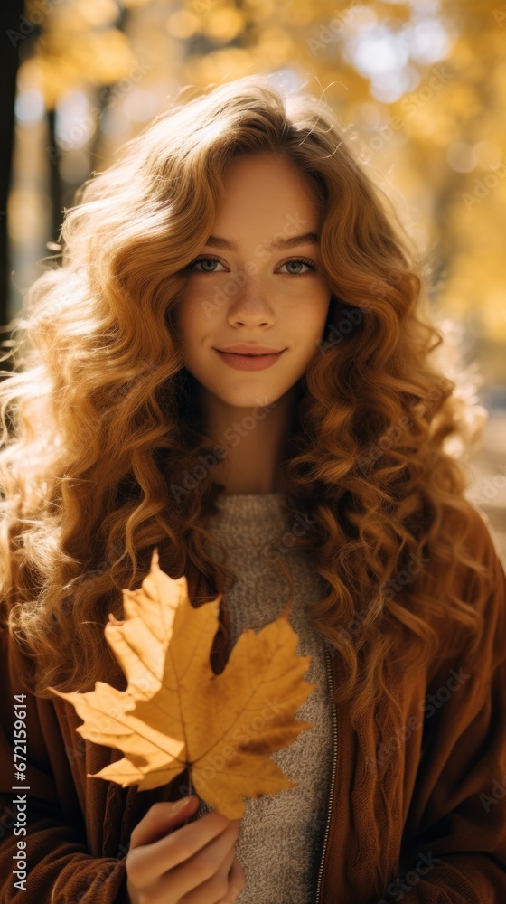 Beautiful girl with wavy hair in a park in nature in autumn on a sunny day with a maple leaf in her hands Beautiful girl with wavy hair in a park in nature in autumn on a sunny day with a maple leaf in her hands