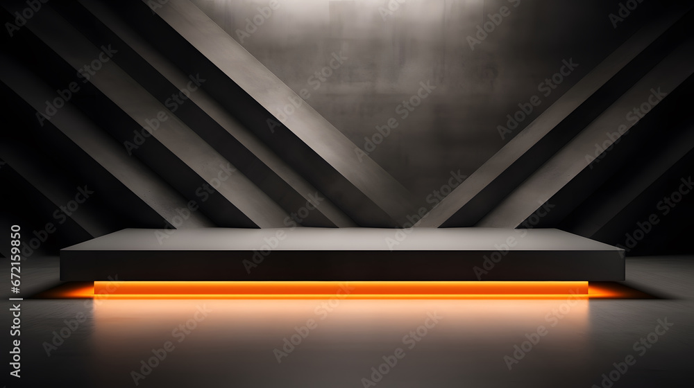 gray podium mockup, textured black wall and neon lights for product presentation gray podium mockup, textured black wall and neon lights for product presentation