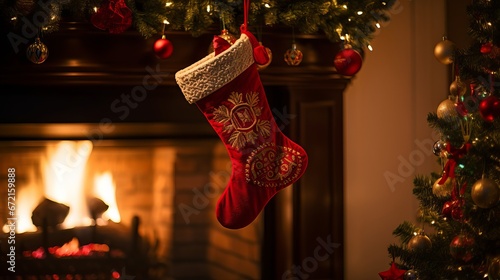 Colorful and festive Christmas stockings hanging on a fireplace mantel with candles and ornaments