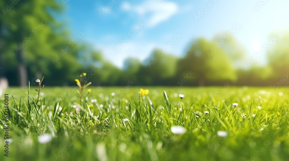 green grass and sky, Beautiful spring nature on  blurred background ,  a blue sky with clouds on a bright sunny day.