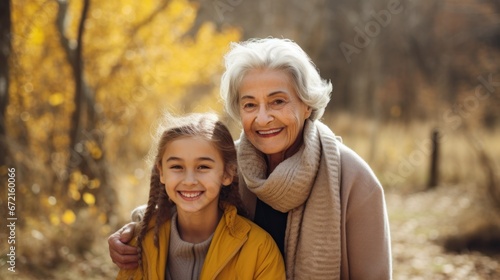 Grandmother and granddaughter walk in a park in nature in autumn on a sunny day, connection between generations, spending time with family