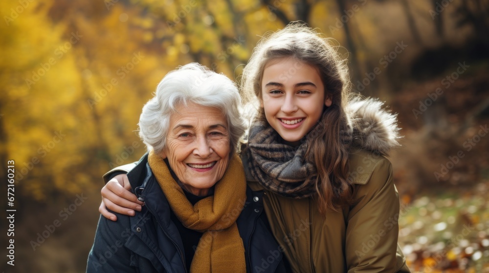 Grandmother and granddaughter walk in a park in nature in autumn on a sunny day, connection between generations, spending time with family - obrazy, fototapety, plakaty 