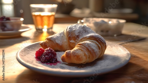 A plate featuring a freshly baked croissant  lightly dusted with powdered sugar  accompanied by a small bowl of raspberry jam