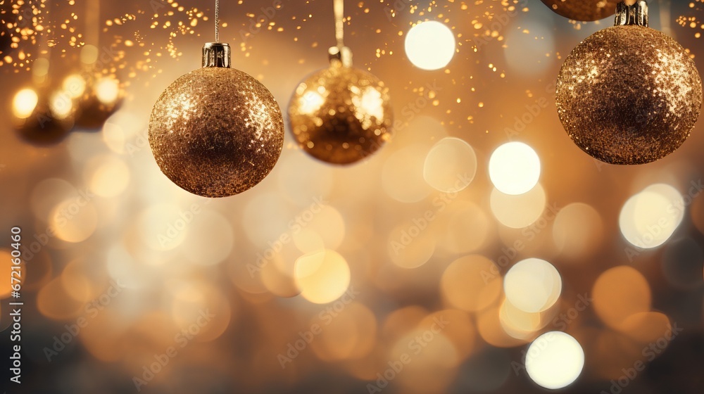 Golden Christmas background with glowing ornaments and confetti bokeh effect Golden Christmas background with glowing ornaments and confetti bokeh effect
