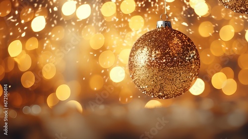 Golden Christmas background with glowing ornaments and confetti bokeh effect