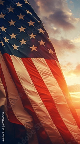 AI generated illustration of an American flag waving in the wind against a backdrop of a sunset