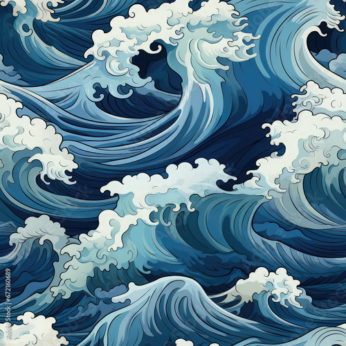 Seamless pattern of the sea. Japanese style of painting. Stock illustration.