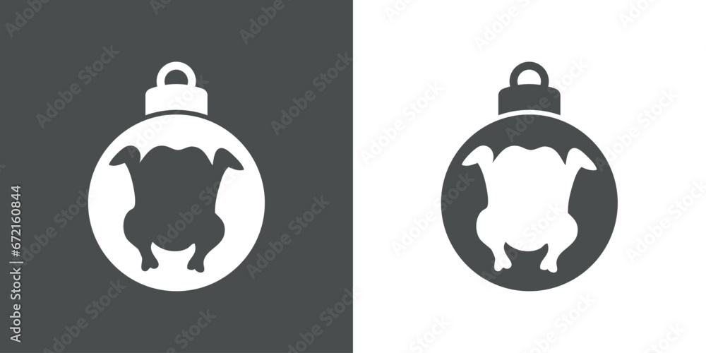 Tiempo de Navidad. Logo con silueta de bola de navidad con pollo o pavo asado para su uso en invitaciones y felicitaciones - obrazy, fototapety, plakaty 
