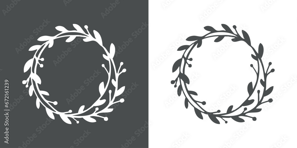 Tiempo de Navidad. Logo con silueta de corona navideña de hojas y bayas de acebo para su uso en invitaciones y felicitaciones - obrazy, fototapety, plakaty 