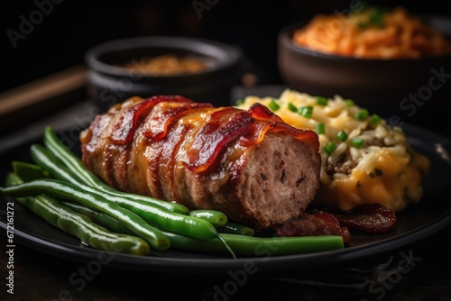 Bacon-Wrapped Meatloaf with Sides, generative ai, ai, generative