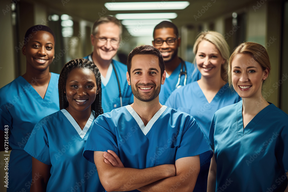 Multiracial doctors and nurses, wearing medical coats, stand in clinic corridor, arms crossed, smiling. Healthcare and medicine concept Multiracial doctors and nurses, wearing medical coats, stand in clinic corridor, arms crossed, smiling. Healthcare and medicine concept
