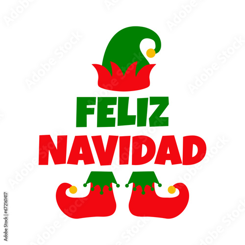Tiempo de Navidad. Logo con palabra Feliz Navidad en español con sombrero y botas de elfo de Santa Claus para su uso en tarjetas y felicitaciones