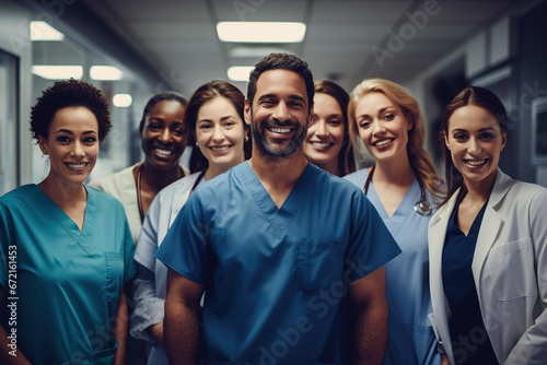 A diverse group of doctors and nurses, wearing professional uniforms, smiles confidently at the camera in a hospital corridor. Healthcare and medicine concept. photo