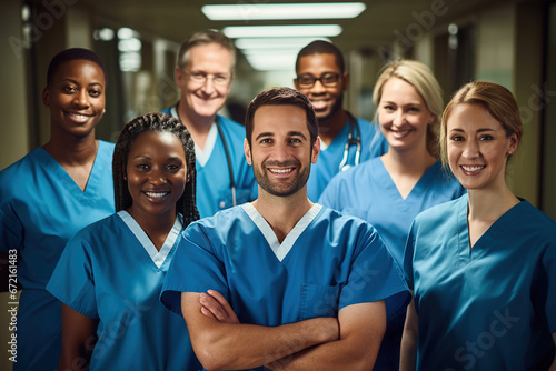 Multiracial doctors and nurses, wearing medical coats, stand in clinic corridor, arms crossed, smiling. Healthcare and medicine concept