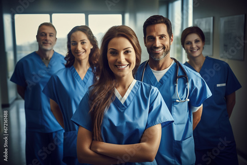 Portrait of diverse medical team of doctors and nurses, in uniforms, smiles confidently, standing together in a hospital corridor, reflecting unity and professionalism in healthcare.