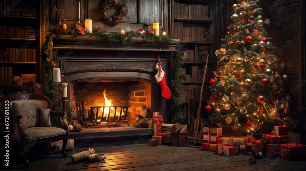 Enchanting Christmas scene: glowing tree, cozy fireplace, and festive gifts in a magical interior