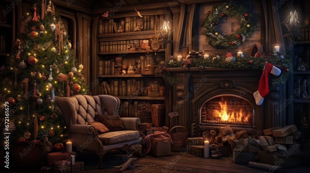 Enchanting Christmas scene: glowing tree, cozy fireplace, and festive gifts in a magical interior Enchanting Christmas scene: glowing tree, cozy fireplace, and festive gifts in a magical interior